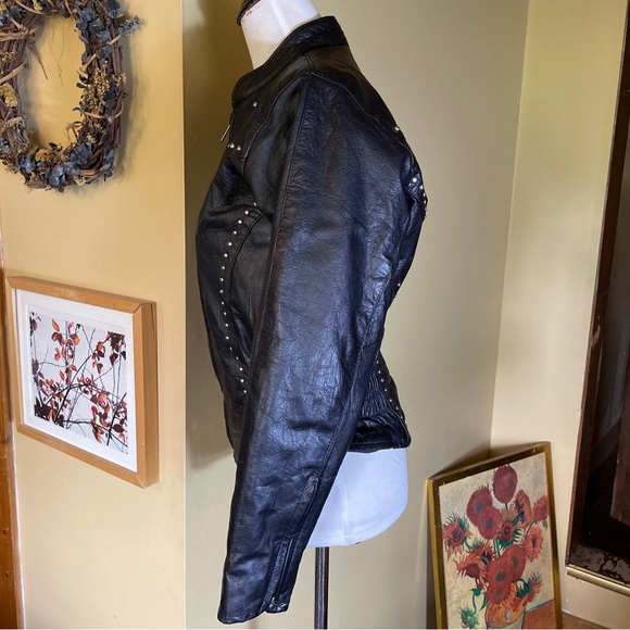 Vintage 80s Black Leather Jacket STUD Zip-Front YKK Silver HW Rock-N-Roll Biker - Picture 8 of 16